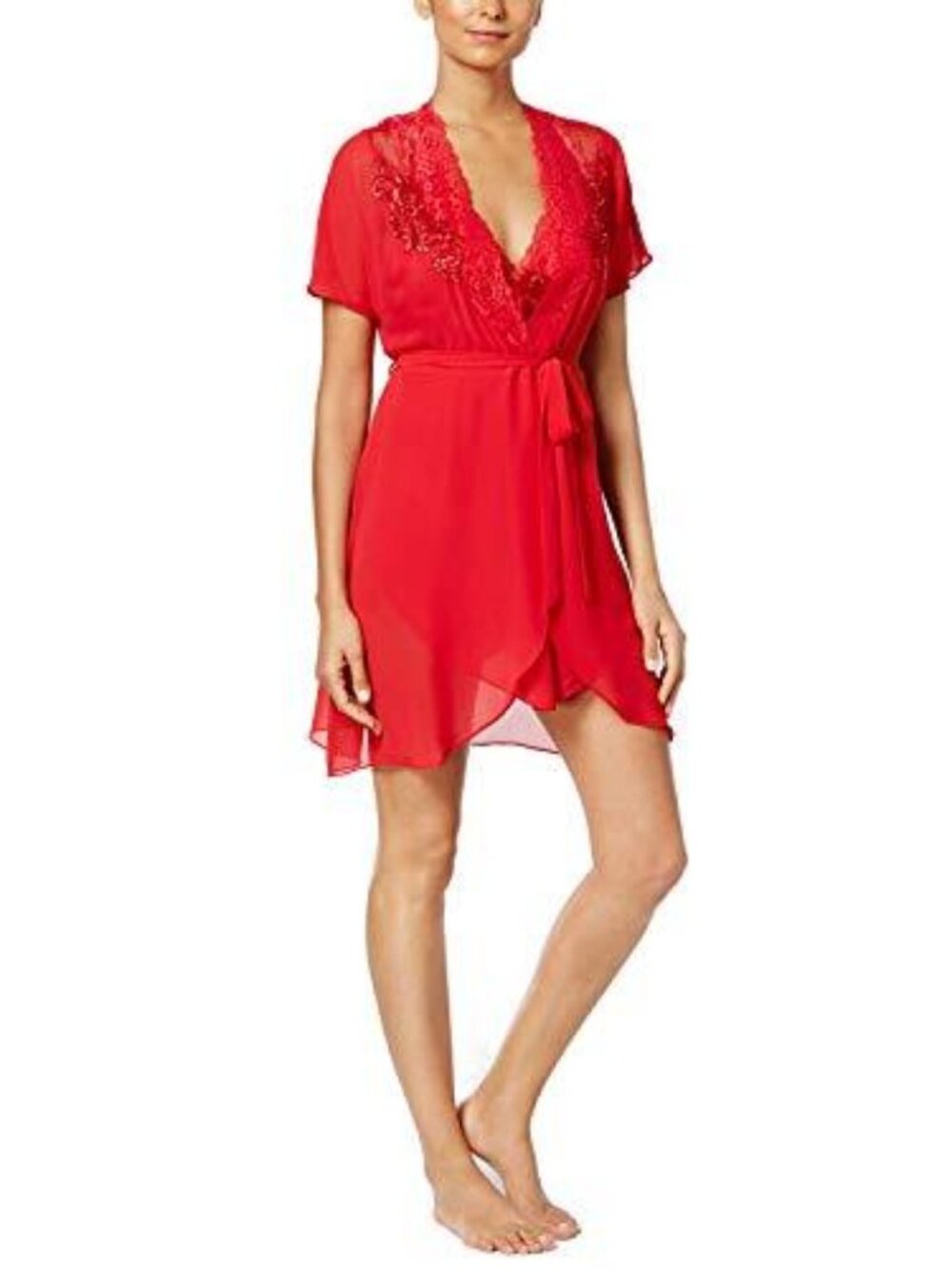 Linea Donatella Womens Lace Trimmed Chiffon Wrap Robe